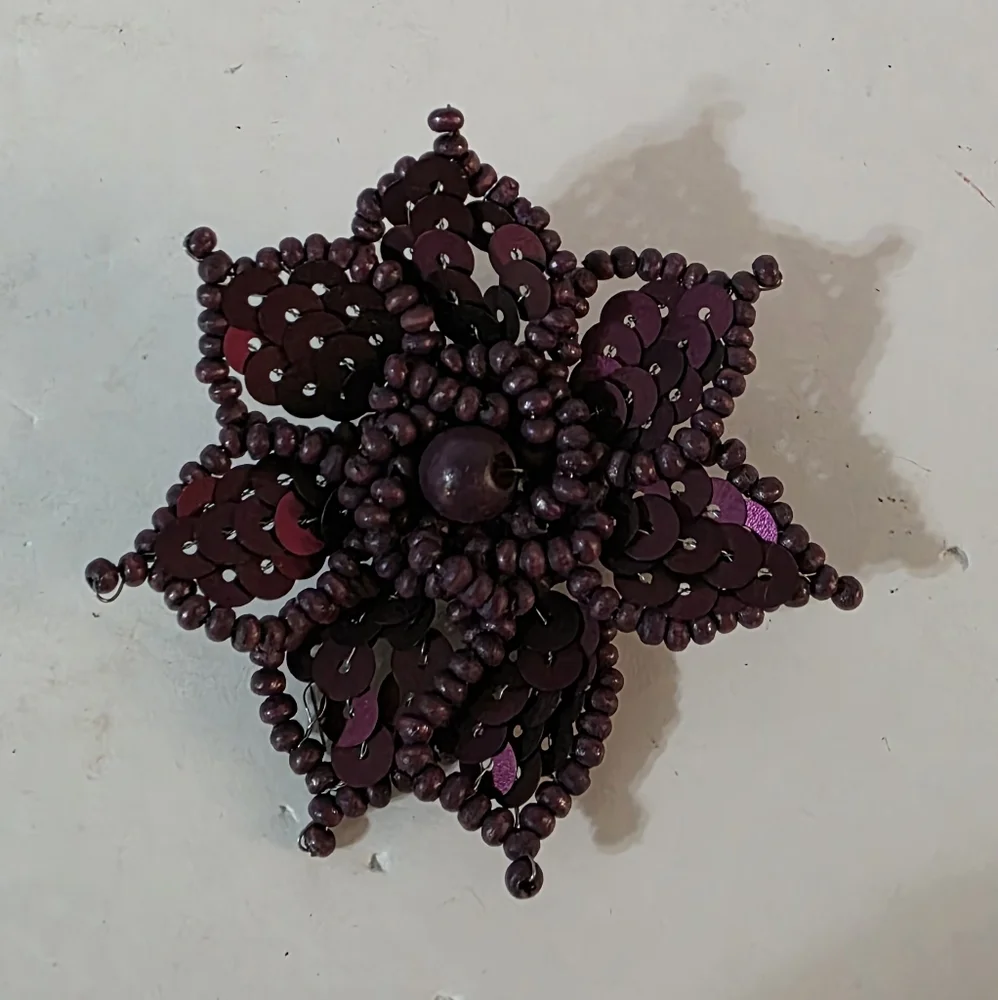 Vintage Wood Sequin Beaded Flower Brooch Purple